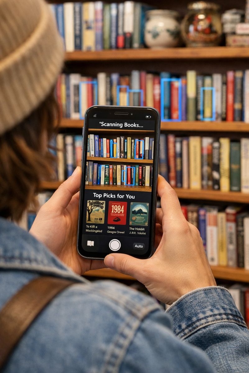 A person scanning a bookshelf with Spines